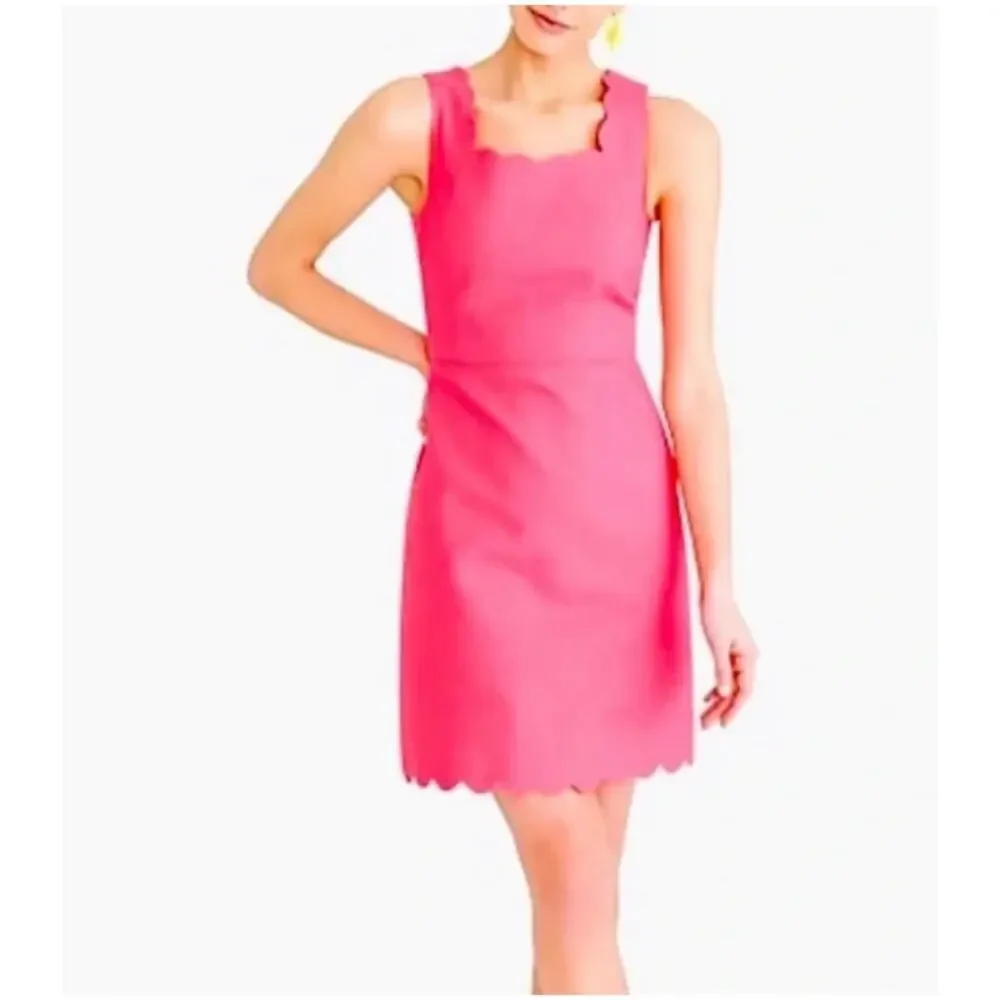 J. Crew Women’s Sz 8 Pink Scalloped Square Neck Dress Basketweave Sleeveless